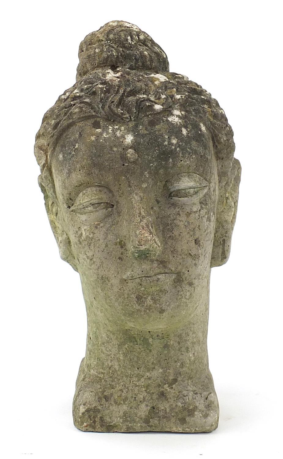 Garden stoneware bust of a Buddha's head, 41.5cm high :For Further Condition Reports Please Visit