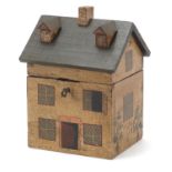 Hand painted wooden box with hinged lid in the form of a Georgian house, 22.5cm H x 14.5cm W x 13.