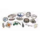 Antique and later silver brooches including paste and seed pearls, Art Nouveau design and a