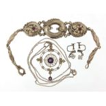 Silver jewellery comprising Art Nouveau amethyst and seed pearl pendant, Continental 800 bracelet