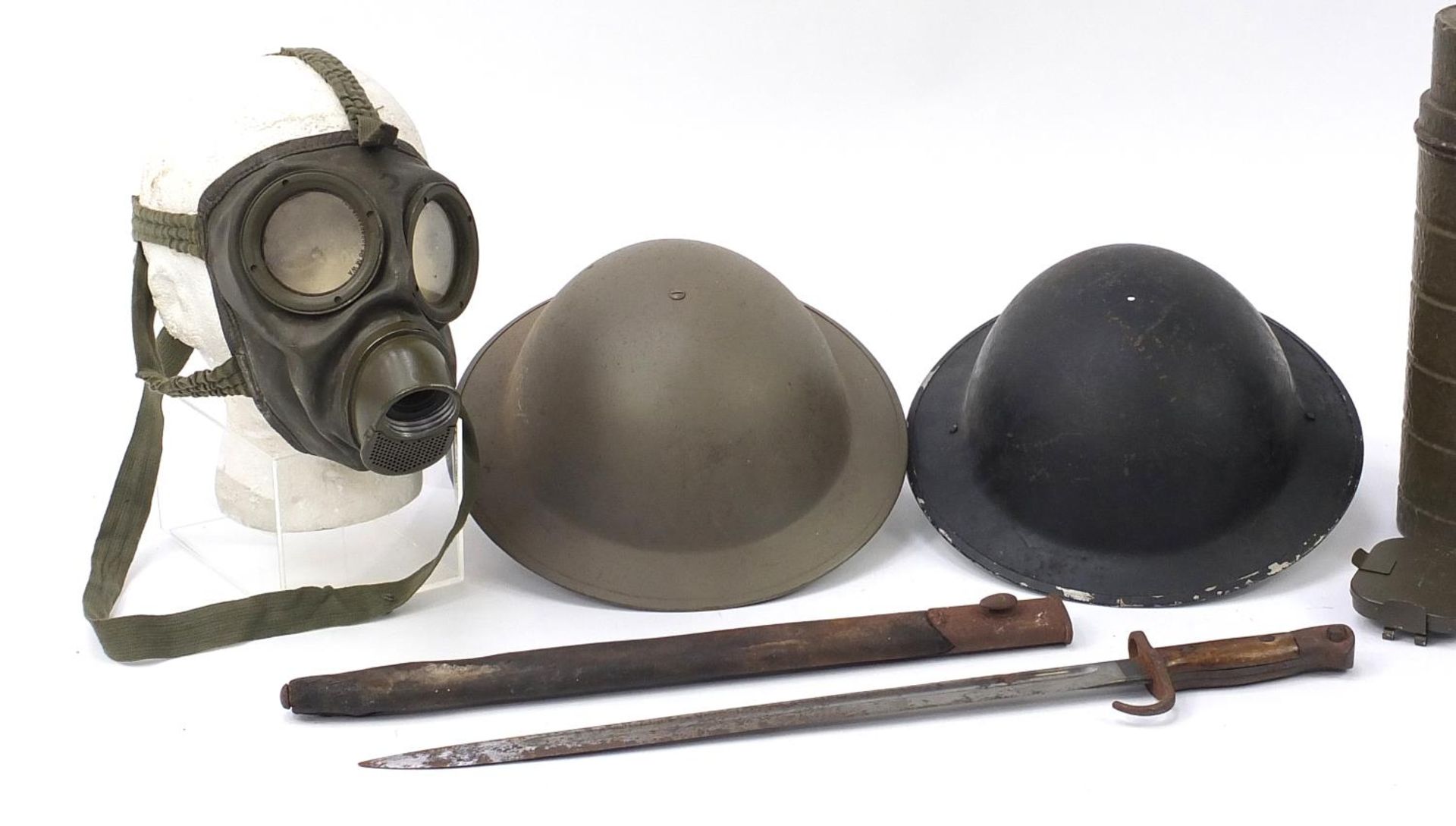 Militaria including a Wilkinson 1907 pattern bayonet with scabbard, flask and two tin helmets :For - Image 2 of 6