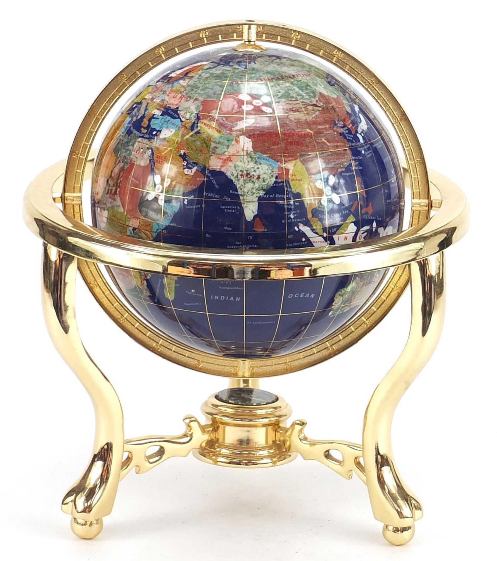 Brass and specimen stone table globe with compass under tier, 35cm high :For Further Condition - Image 3 of 7