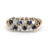 9ct gold sapphire and clear stone cluster ring, size R, 2.7g :For Further Condition Reports Please