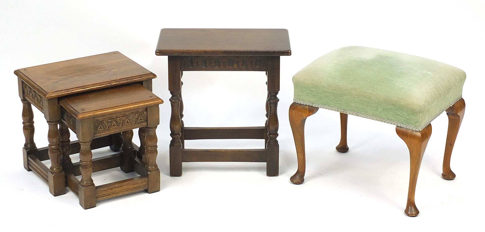 Occasional furniture comprising nest of two oak tables, oak stool and a mahogany framed stool, the