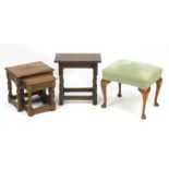 Occasional furniture comprising nest of two oak tables, oak stool and a mahogany framed stool, the