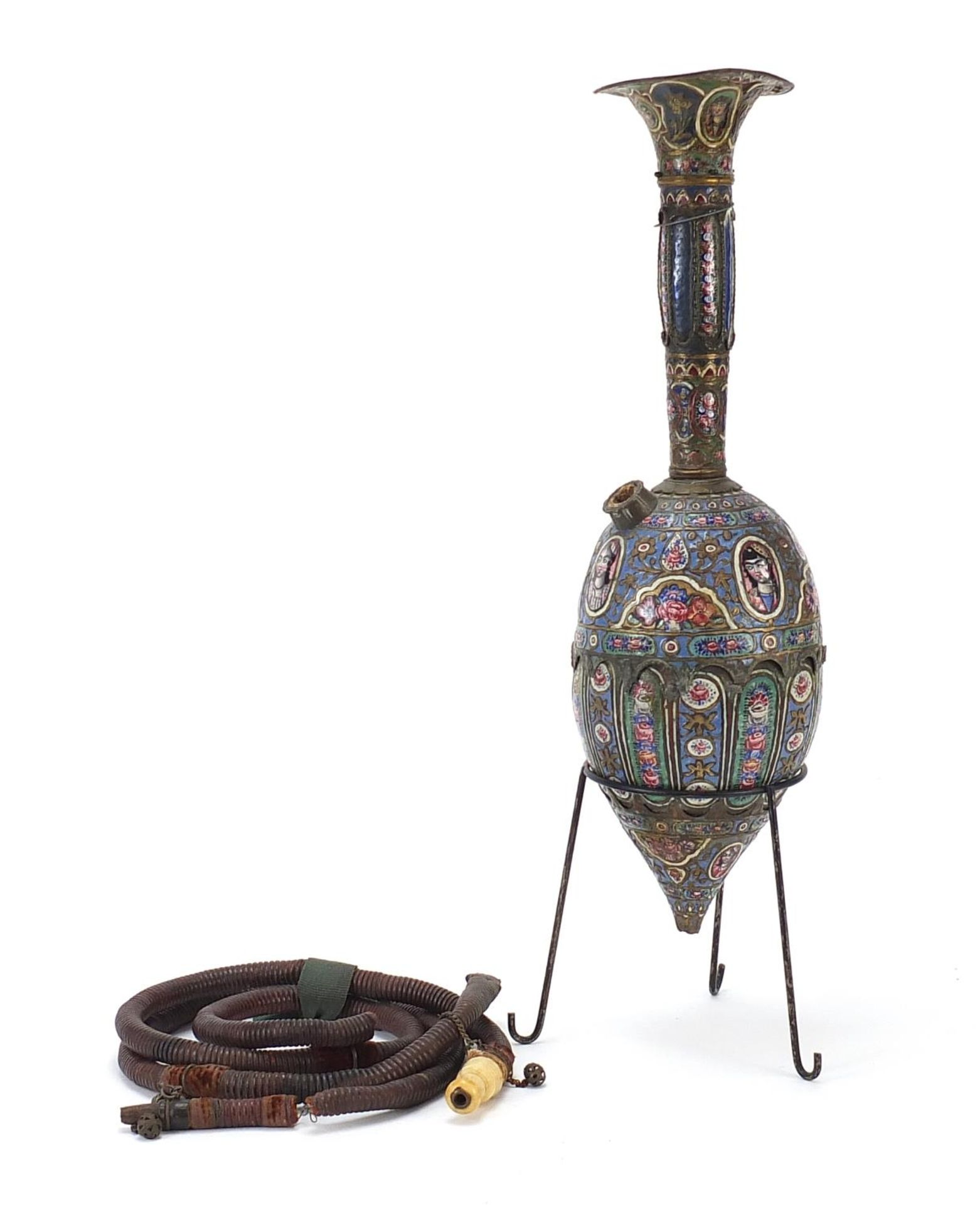 19th century Persian Qajar enamelled hookah on stand with mouthpiece and pear shaped reservoir,
