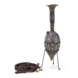 19th century Persian Qajar enamelled hookah on stand with mouthpiece and pear shaped reservoir,