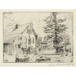 Leon Underwood - horse and cart before buildings, pencil signed engraving, mounted, framed and