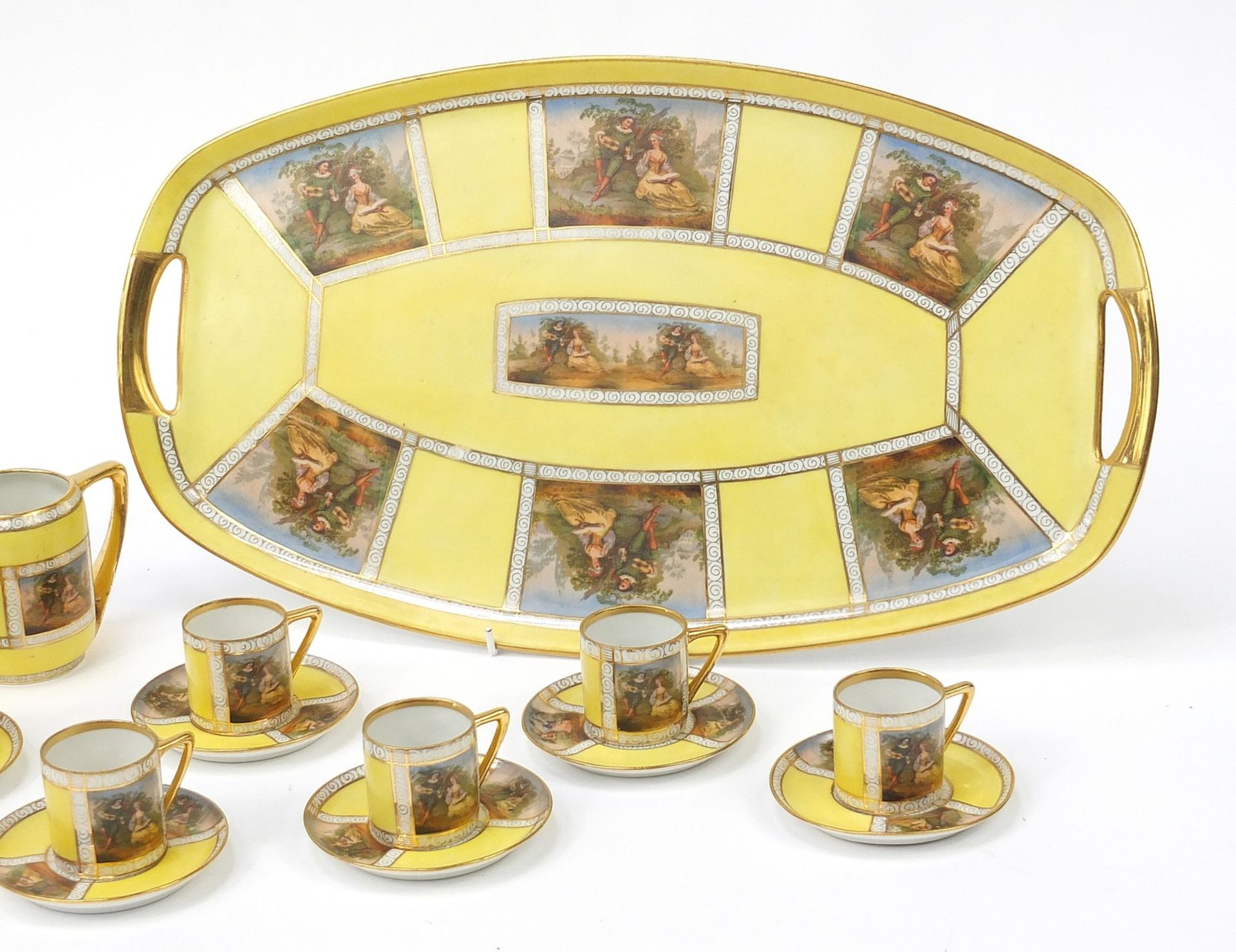Czechoslovakian Royal Vienna style yellow cabaret set decorated with lovers comprising a coffee pot, - Bild 3 aus 5