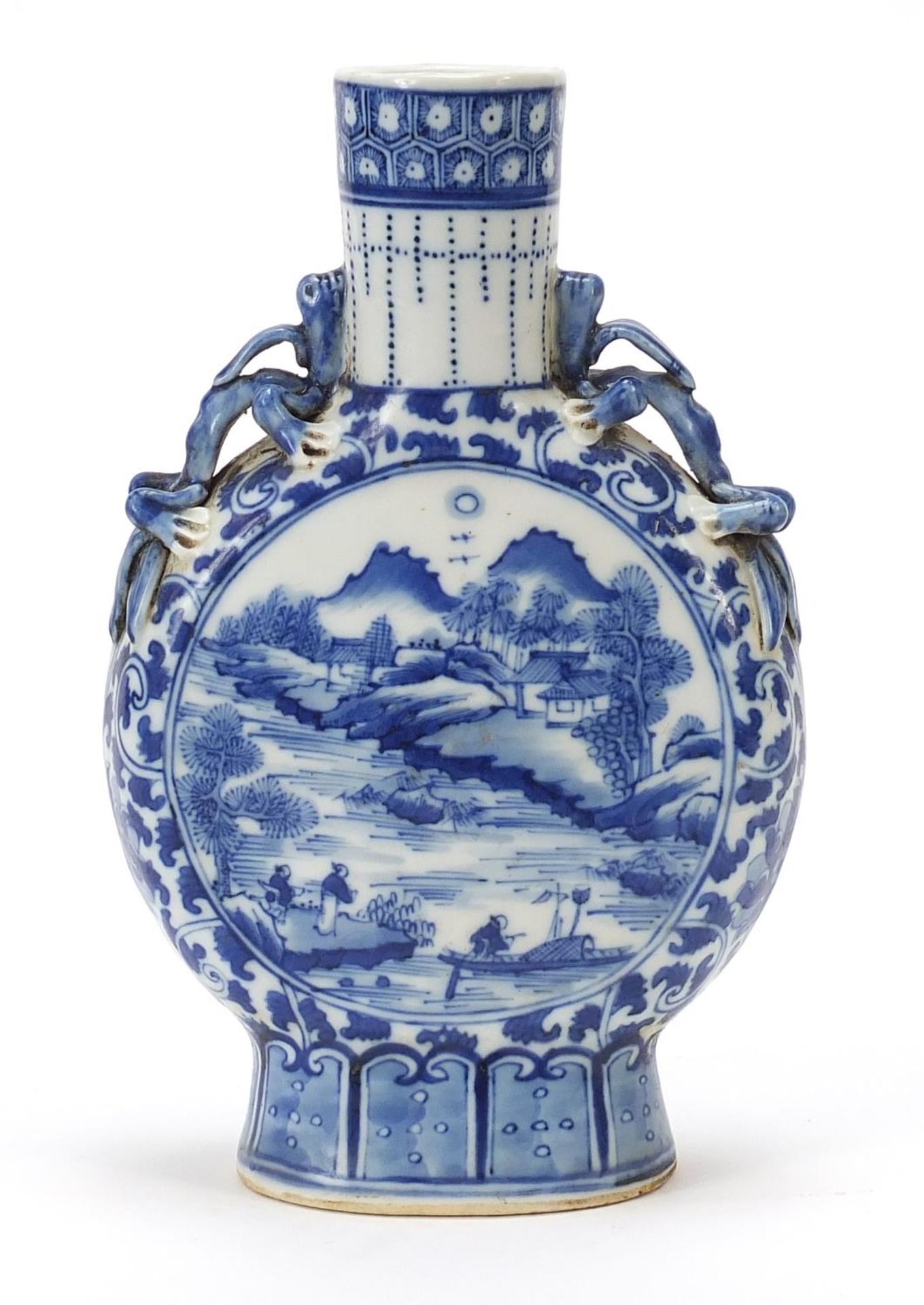 Chinese blue and white porcelain moon flask with animalia handles, finely hand painted with panels - Image 3 of 8