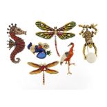 Six jewelled and enamel animal and insect brooches including seahorse, dragonflies, monkey and