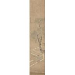 Chinese wall hanging scroll depicting figures in a court setting with character marks, 66cm x 13.5cm