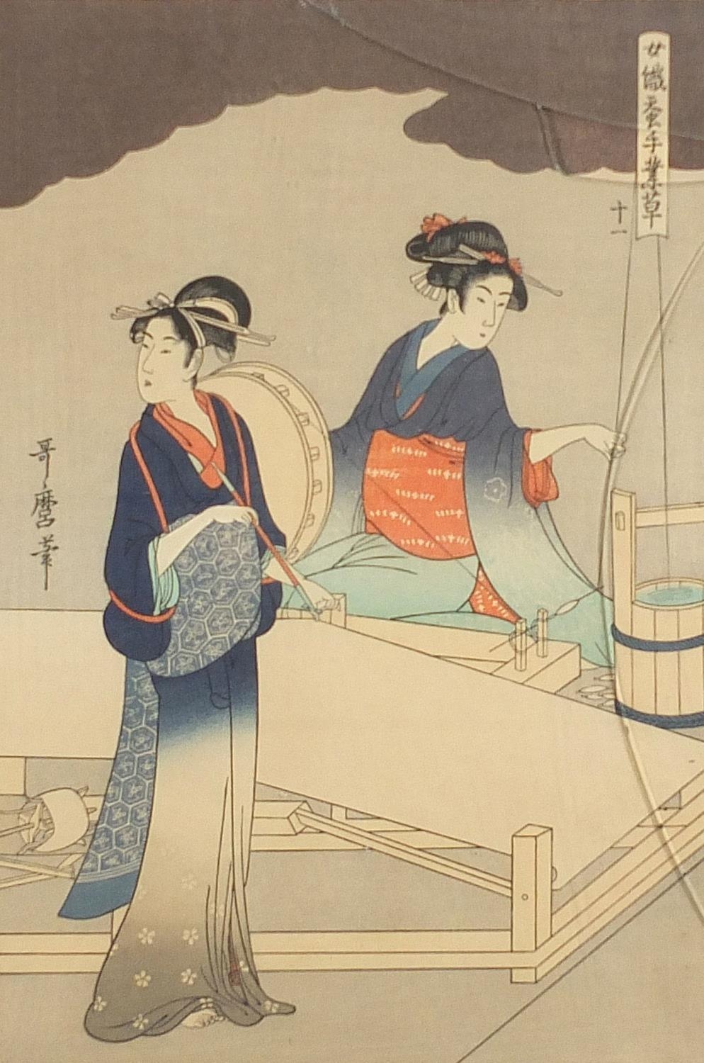 Geisha girls, pair of Japanese wood block prints with character marks, framed and glazed, each 39. - Image 6 of 9