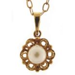 9ct gold cultured pearl pendant on a 9ct gold necklace, 1.5cm high and 44cm in length, total 1.7g :