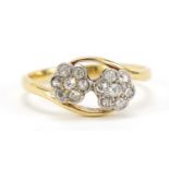 18ct gold and diamond double flower head crossover ring, size M/N, 2.7g :For Further Condition