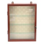 Mahogany glazed wall hanging display case with three adjustable glass shelves, 51cm H x 38cm W x 8cm