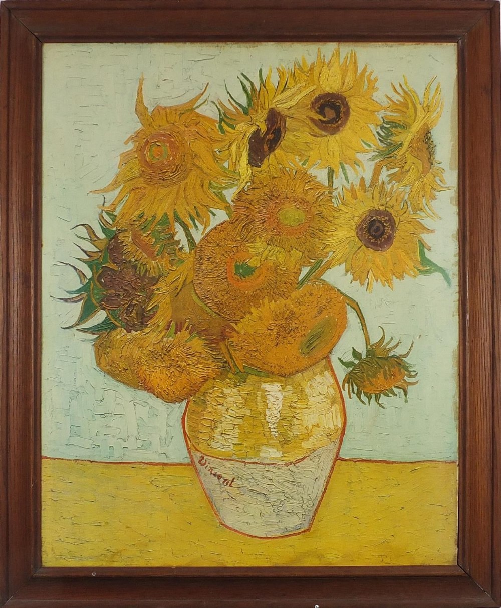 After Vincent Van Gogh - Sunflowers, vintage Franz Hanfstaenge print in colour, framed, 75.5cm x - Image 2 of 4