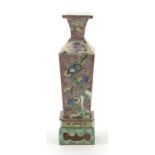 Chinese porcelain square section vase on stand, finely hand painted in the famille verte palette
