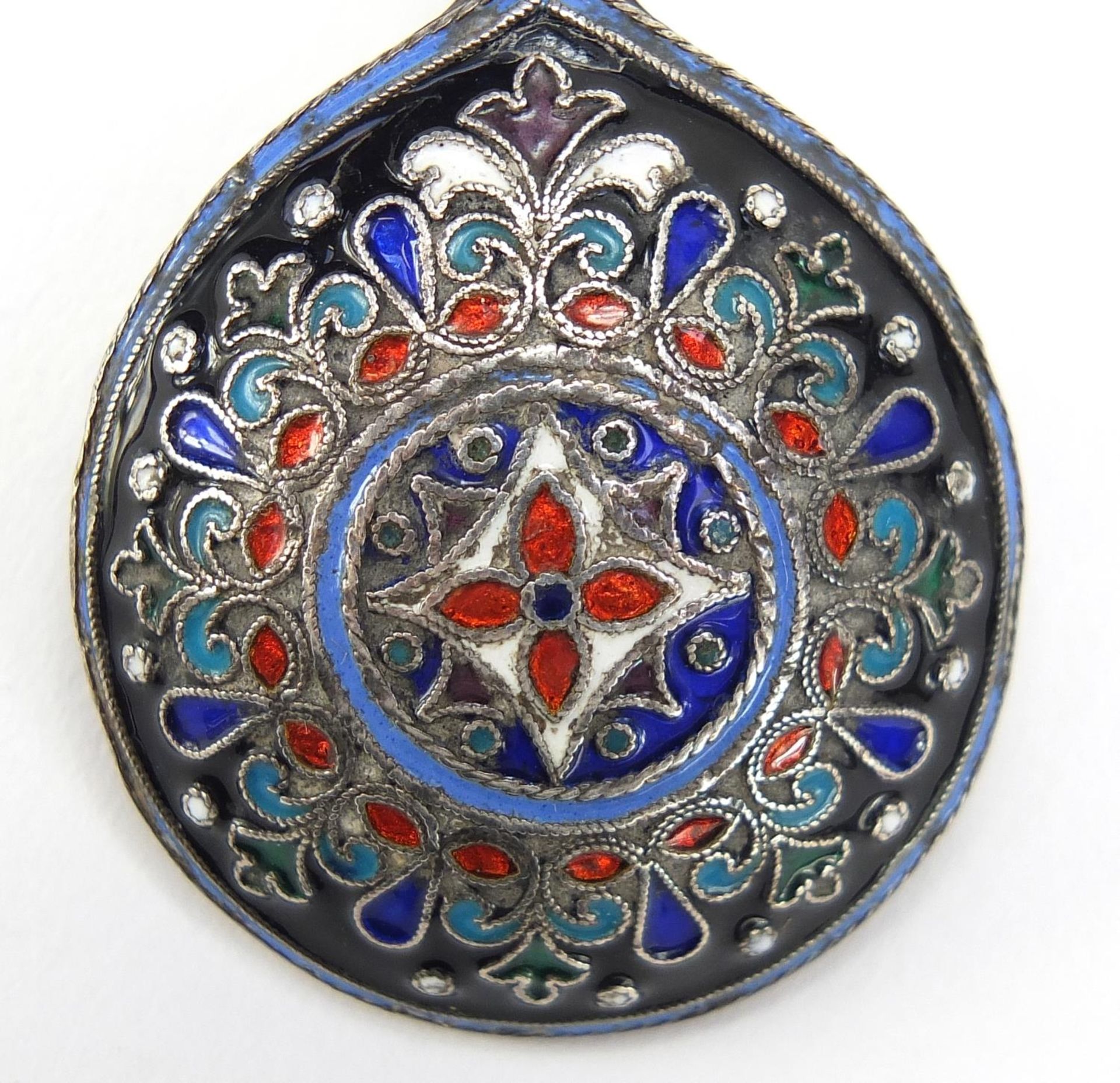 Silver and champlevé enamel spoon, impressed Russian marks, 13cm in length, 29.2g :For Further - Image 3 of 4