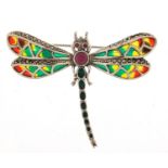 Silver, marcasite and plique à jour enamel dragonfly brooch set with rubies, 5.5cm wide, 9.0g :For