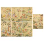 Figures fishing and playing, set of seven Chinese watercolour on silks, each with character marks