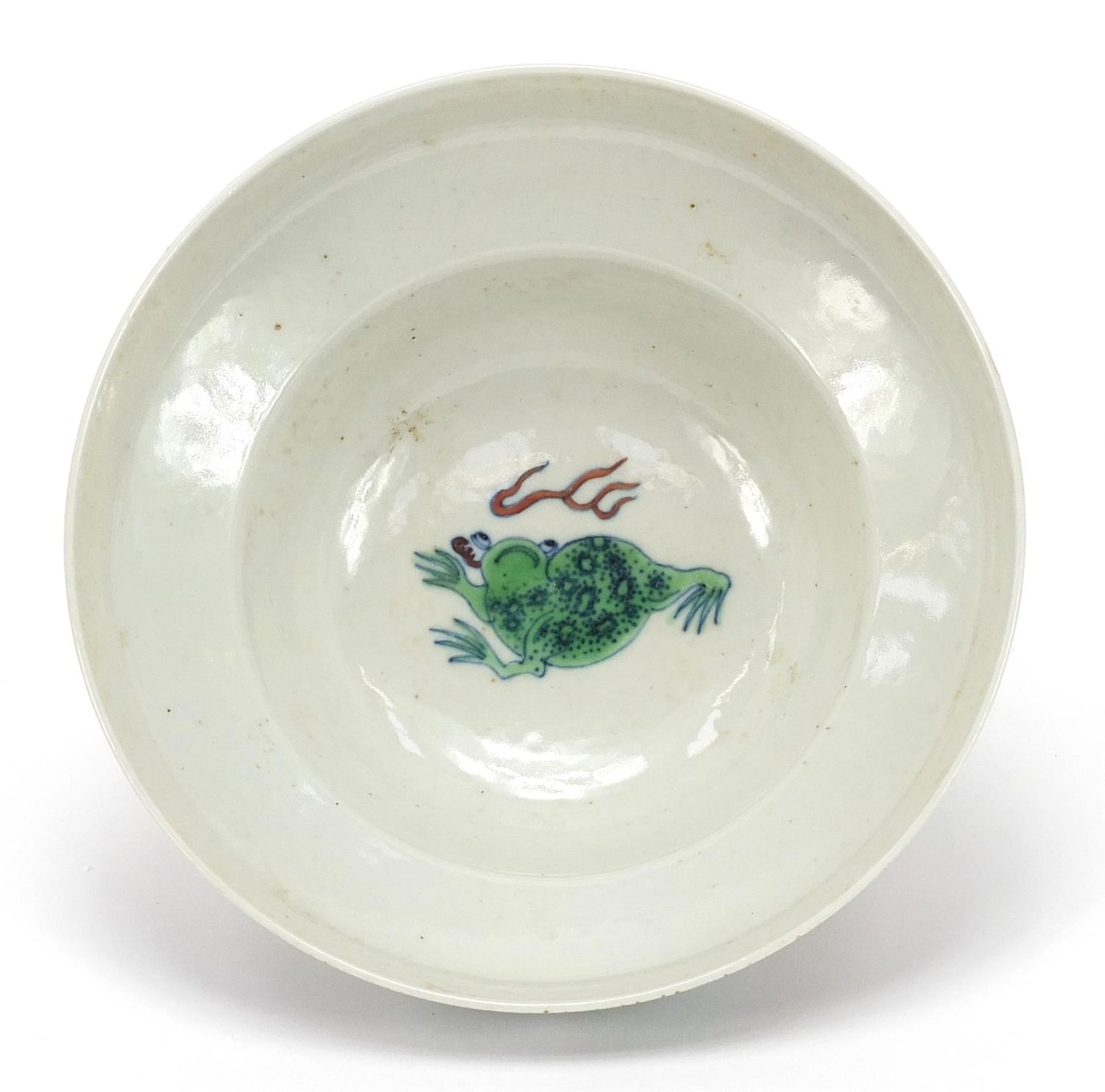 Chinese doucai porcelain bowl hand painted with dragons and fish amongst aquatic life, six figure - Image 5 of 8
