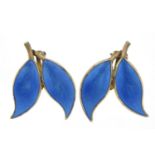 David Andersen, pair of Norwegian sterling silver and enamel leaf design earrings housed in a