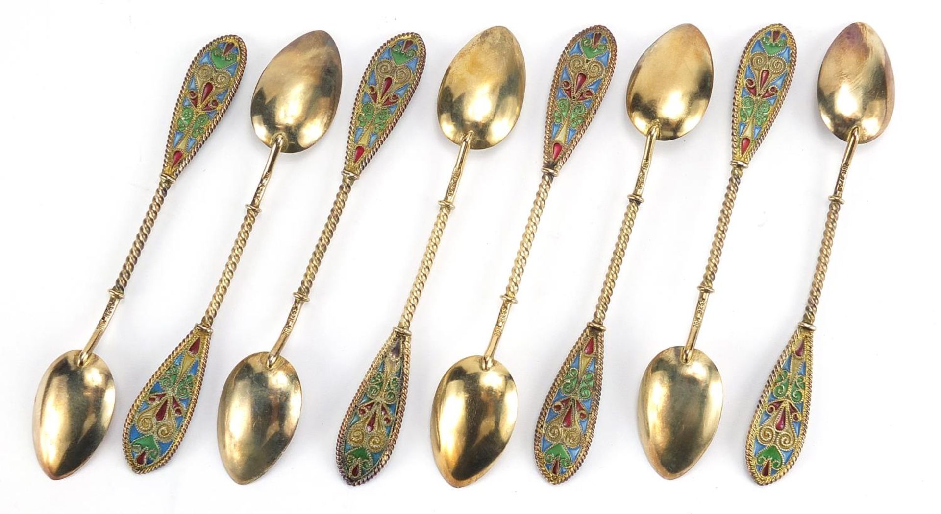 Johan G Kjaerland, set of eight Norwegian silver gilt and plique à jour enamel teaspoons housed in a - Image 6 of 11