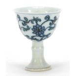 Chinese doucai porcelain stem cup hand painted with flowers and foliage, six figure character