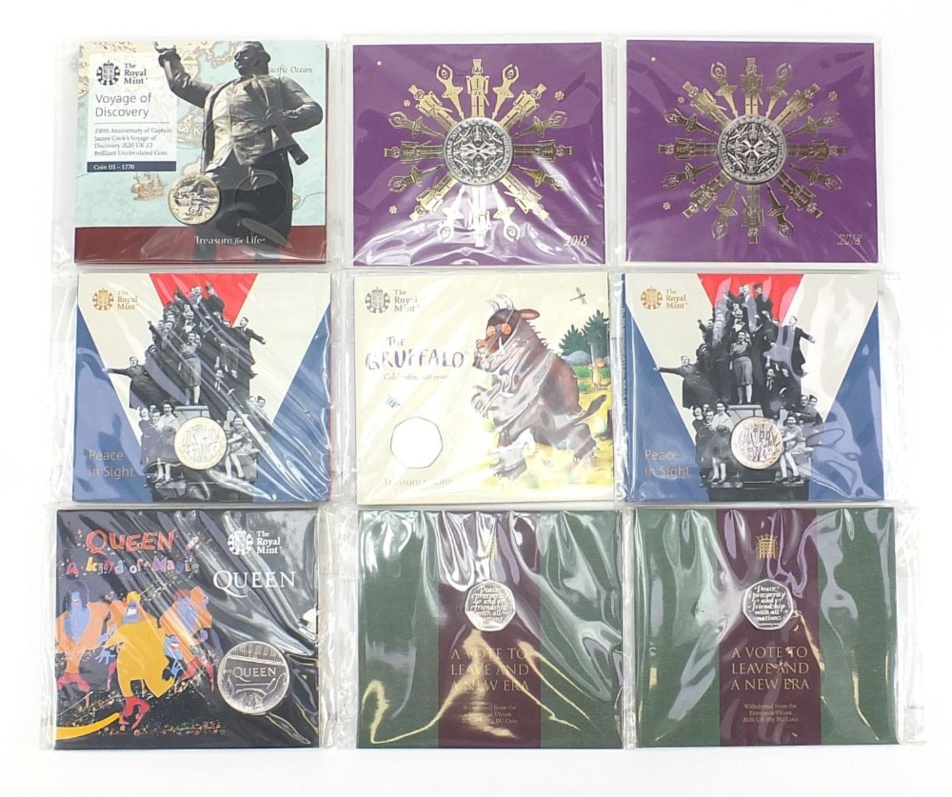 Nine Royal Mint uncirculated coins including Peace in Sight two pound, Christmas 2018 five pound