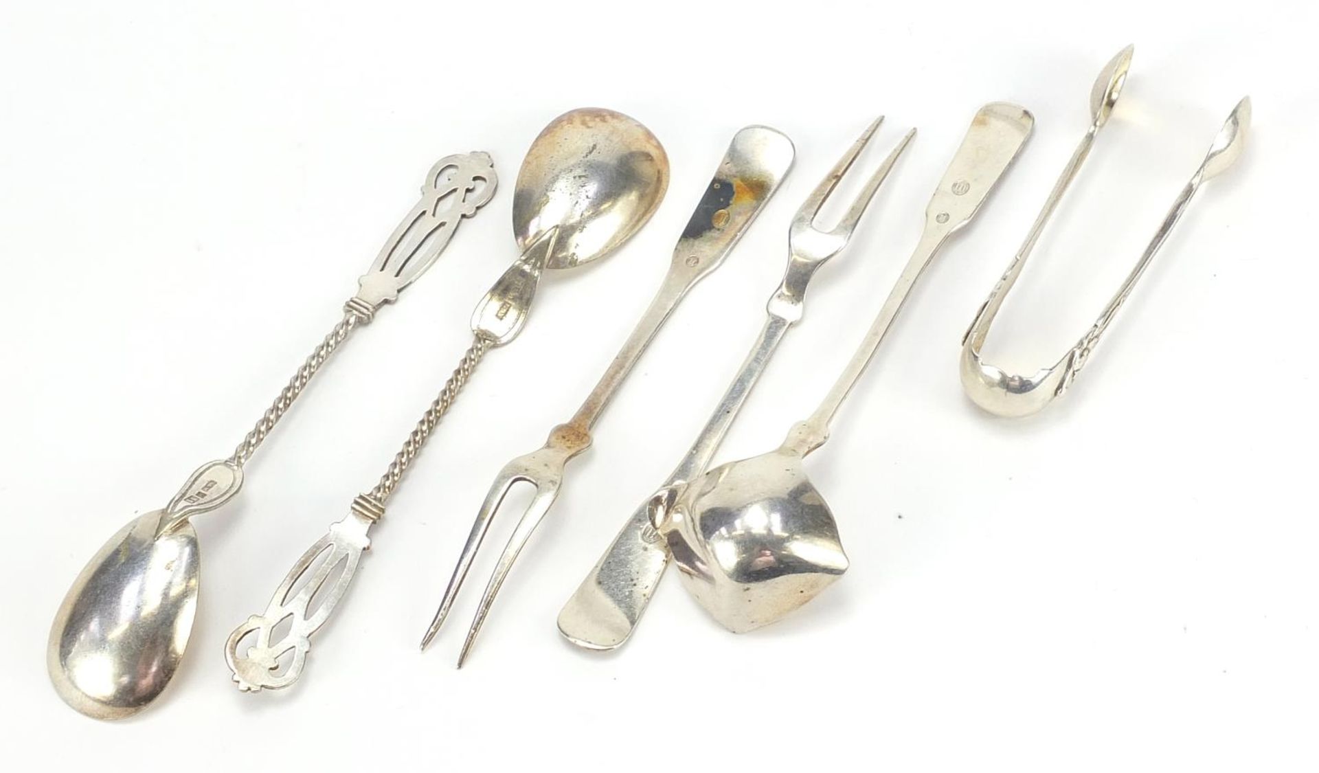 Danish silver and white metal cutlery including a toddy ladle, pair of forks and pair of sugar - Image 4 of 6