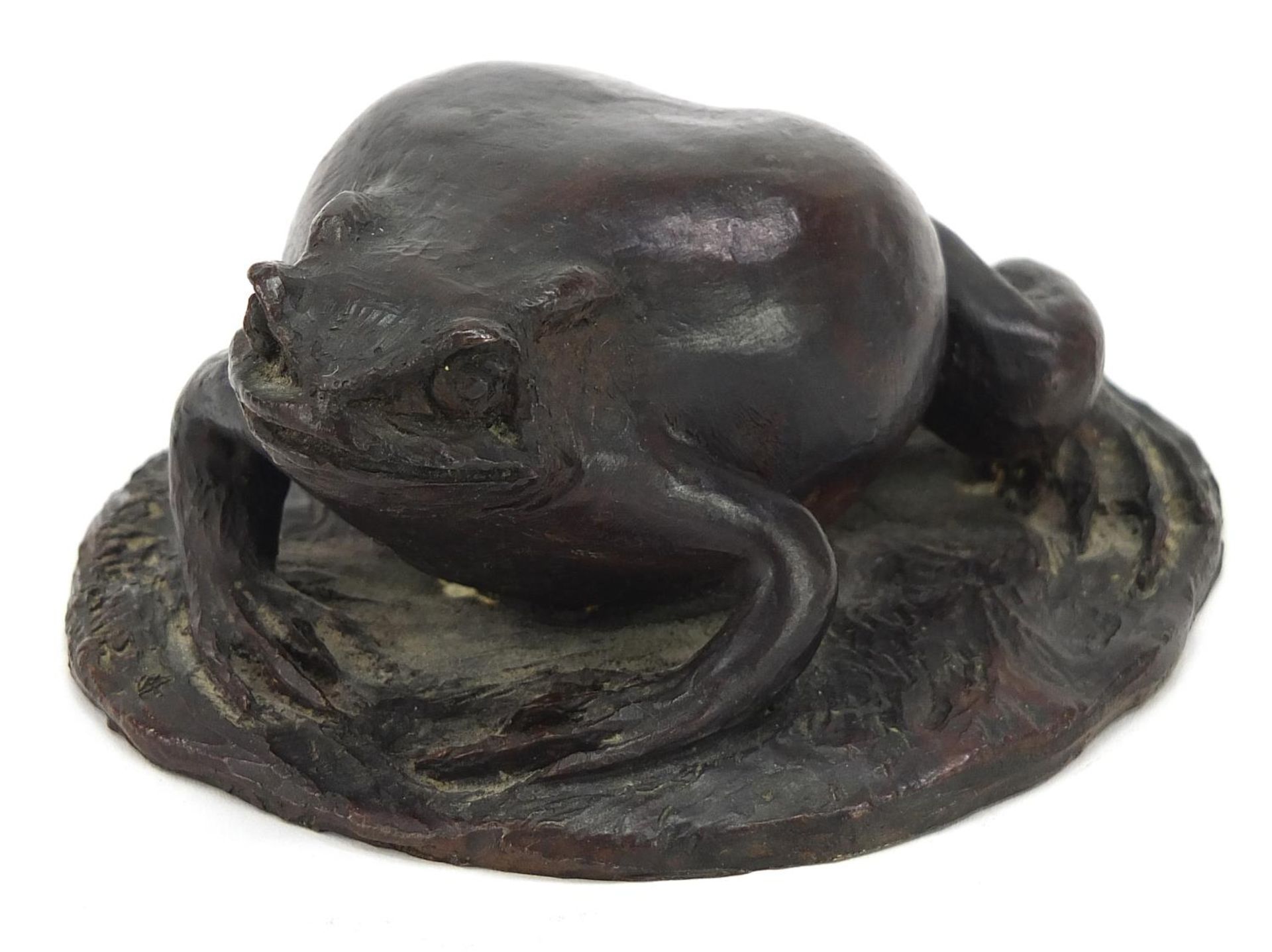 Patinated bronze toad, indistinct signature and impressed studio stamp to the base, 11cm in
