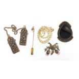 Vintage and later jewellery including a 9ct gold stick pin and a silver Scottish thistle brooch :For