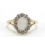 9ct gold cabochon opal and diamond ring, size N, 2.4g :For Further Condition Reports Please Visit
