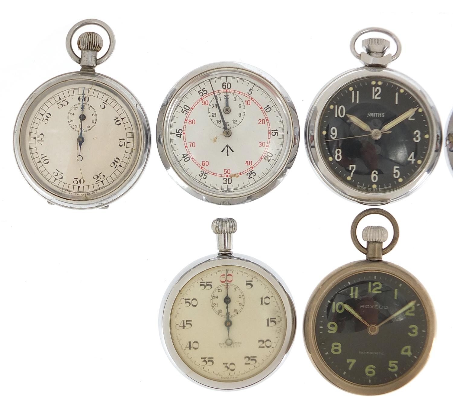 Six vintage and later open face stopwatches and pocket watches including Smith's and Roxedo :For - Image 2 of 4