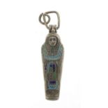 Egyptian Revival silver and enamel Tutankhamun Sarcophagus pendant enclosing a mummy, 2.8cm high,