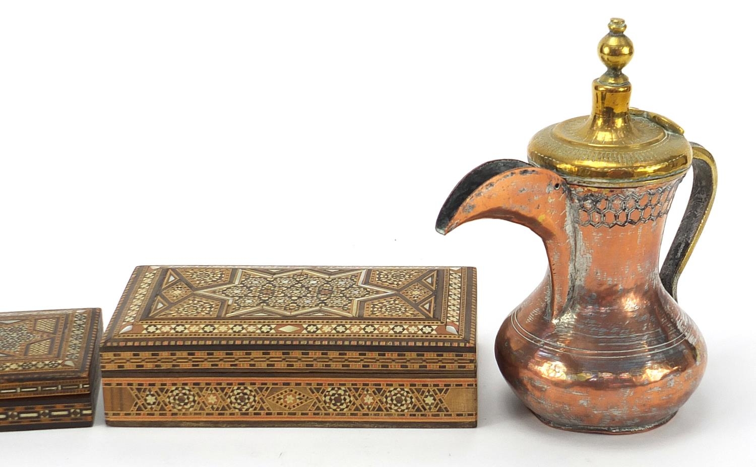 Omani copper and brass coffee pot and two Syrian inlaid boxes, the largest 21cm wide :For Further - Image 3 of 6