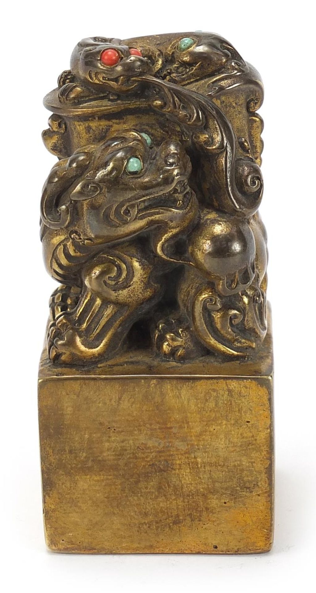 Chinese patinated bronze dog of Foo seal set with turquoise and coral coloured stones, 12cm high : - Image 2 of 7