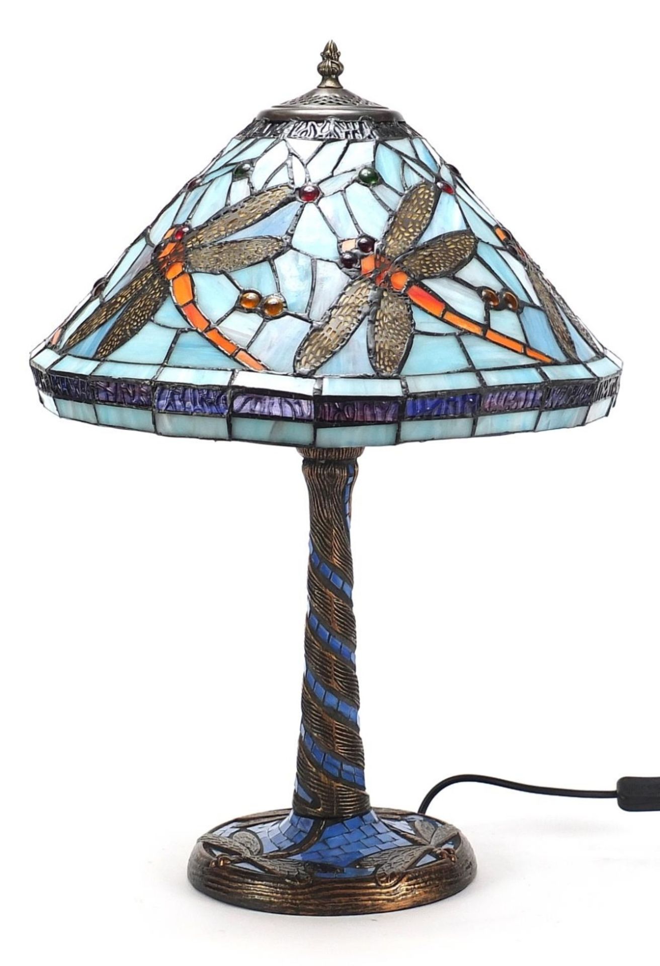 Bronzed Tiffany design table lamp with shade decorated with dragonflies, 58cm high :For Further