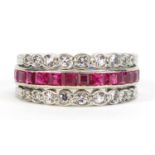 Unmarked white metal triple eternity hinged ring set with rubies, blue sapphires and white