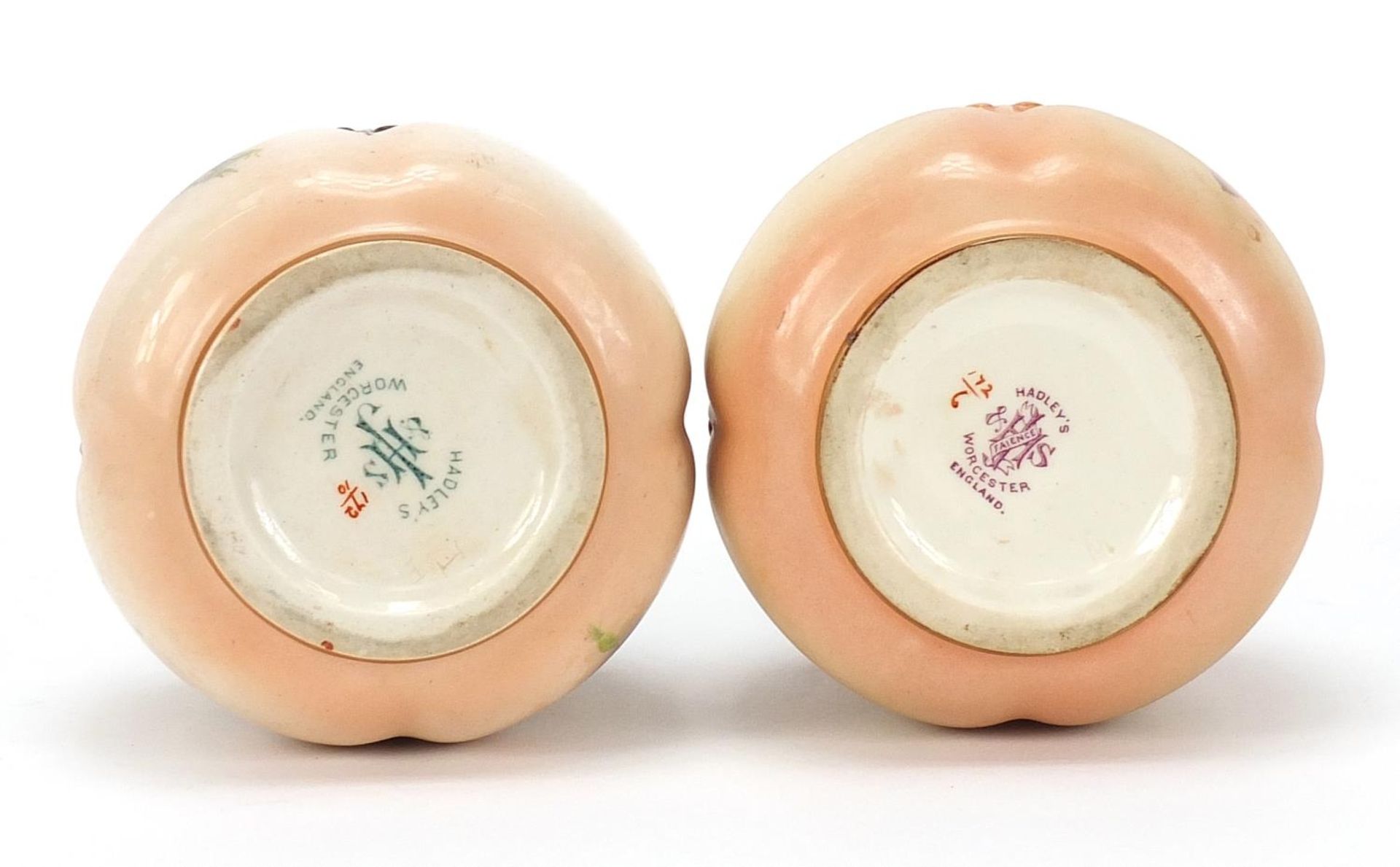 Two Hadley's Worcester blush ivory vases hand painted with flowers, each 8cm high :For Further - Image 5 of 5