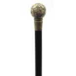 Hardwood walking stick with carved bone globe handle opening to reveal compass, 84cm in length :