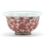 Chinese iron red porcelain bowl hand painted with flowers, four figure character marks to the