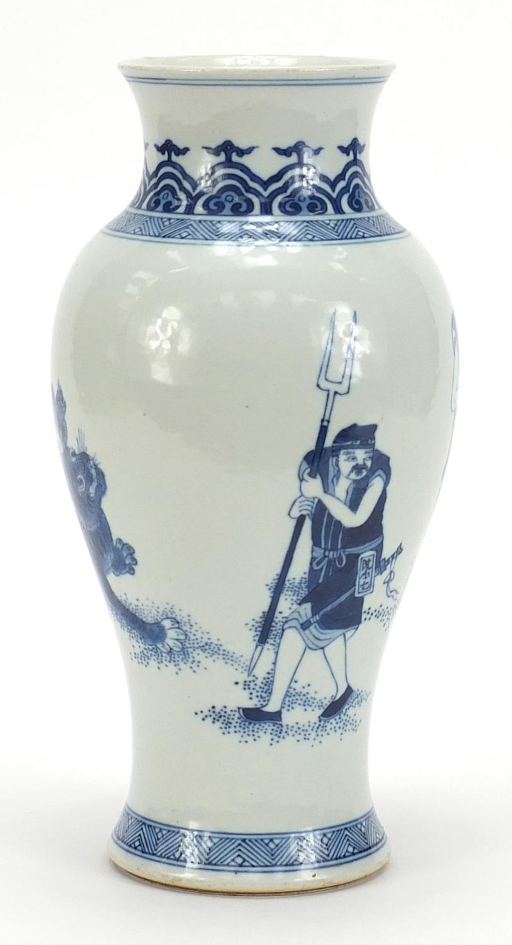 Chinese blue and white porcelain baluster vase hand painted with figures and two tigers, six - Bild 2 aus 8
