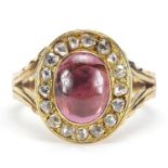 Antique unmarked gold cabochon garnet and diamond ring, size M, 4.0g :For Further Condition
