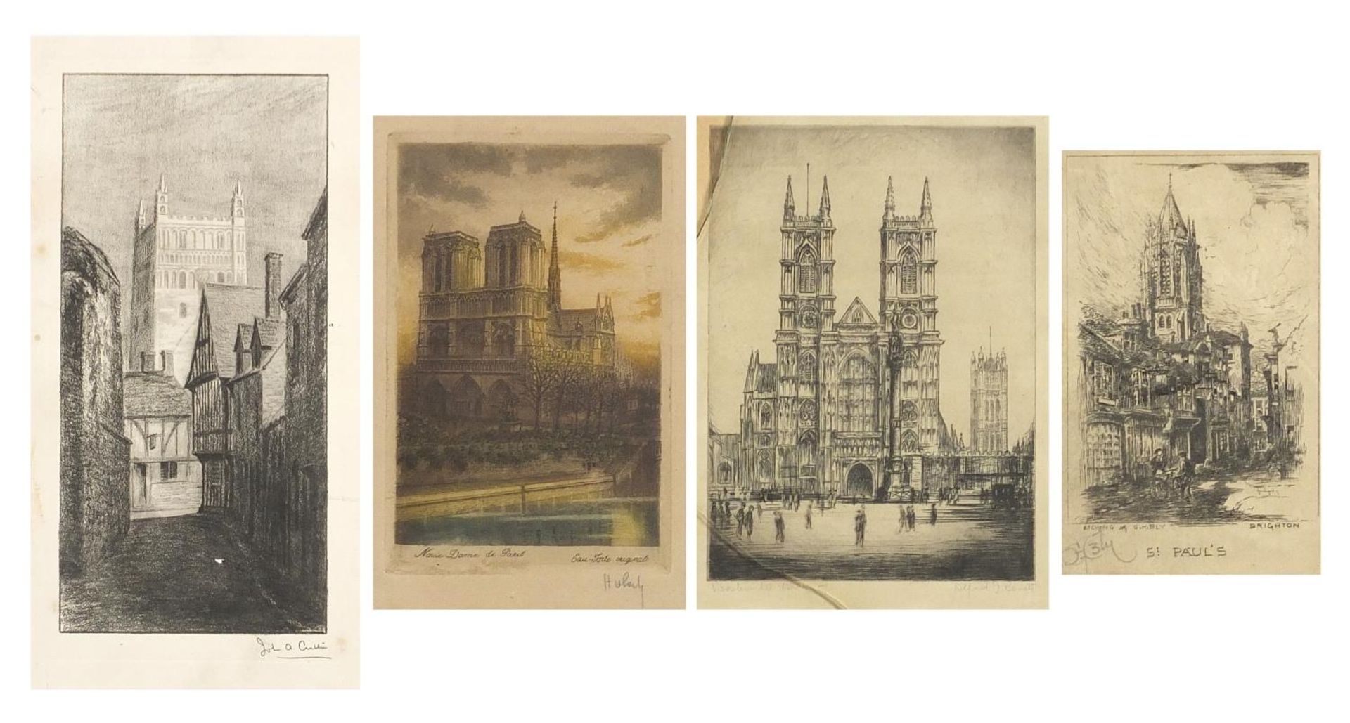 Four pencil signed prints/etchings including Westminster Abbey by Alfred J Benett, St Pauls Brighton