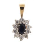 Unmarked gold sapphire and cubic zirconia pendant, 1.5cm high, 0.7g :For Further Condition Reports
