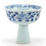 Chinese blue and white porcelain stem bowl hand painted with flowers, 9cm high x 10cm in diameter :