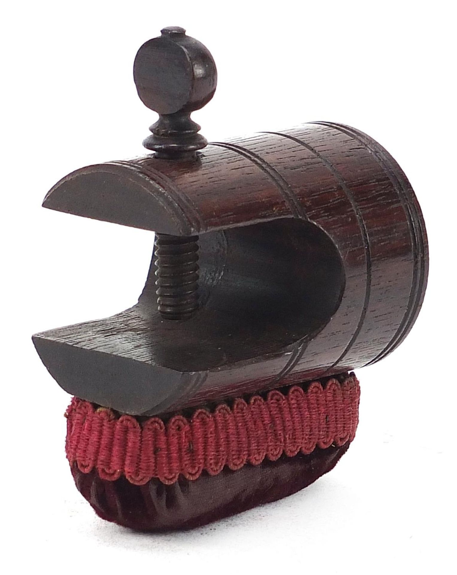 Victorian sewing interest Tunbridge Ware pin cushion in the form of a table clamp with stick ware