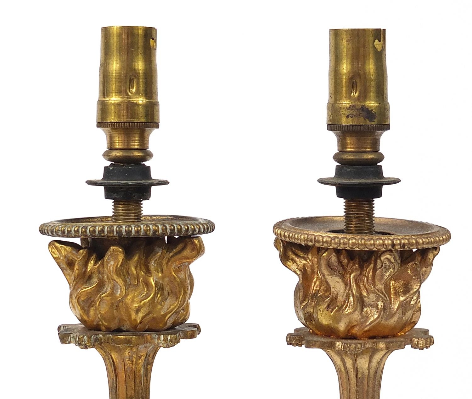 Pair of 19th century ormolu and marble Putti design two branch candelabras converted to electric - Image 4 of 7
